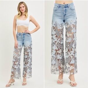 Risen Lace-Panel Light Blue Wide-Leg Women's Jeans